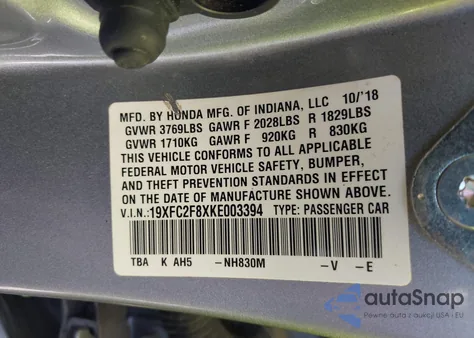 2019 Honda Civic Sport from USA, damaged, VIN 19XFC2F8XKE003394